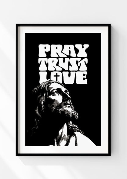 affiche chrétienne montrant jésus et un texte en noir et blanc, dans un cadre