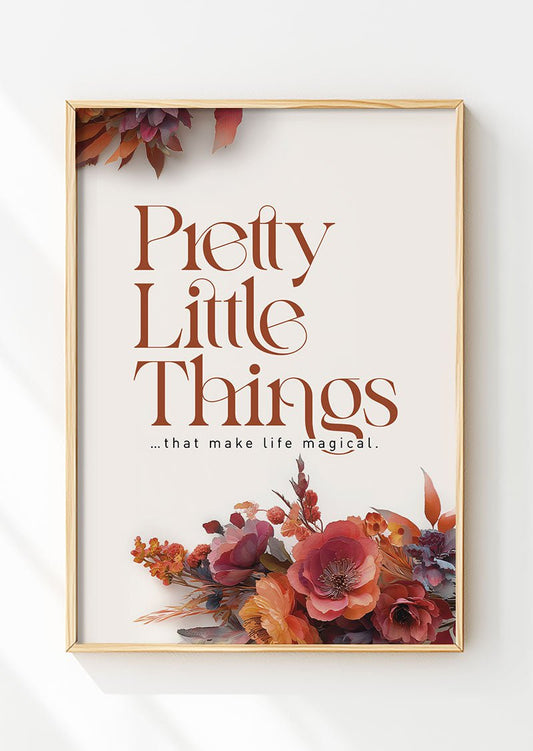 Affiche automne illustrant des fleurs aux tons chauds et un texte en marron, dans un cadre en bois