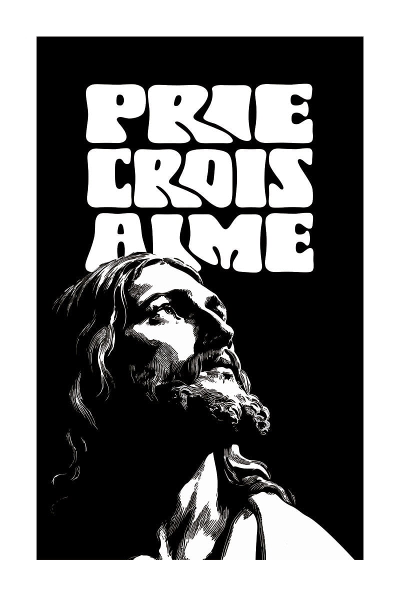 Format 40x60cm du poster chrétien "prie, crois aime" en noir et blanc