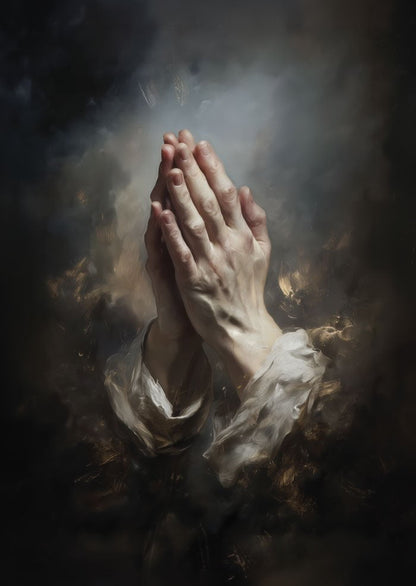 Poster chrétien mains en prière sur un fond sombre, en peinture