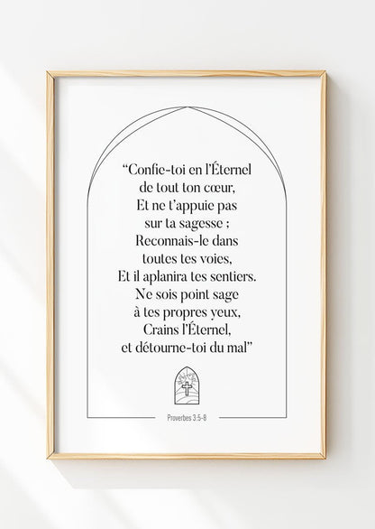 Affiche chrétienne du verset de la bible Proverbes 3:5-8 dans un cadre en bois