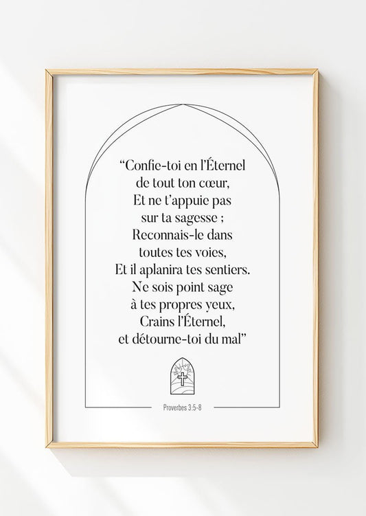 Affiche chrétienne du verset de la bible Proverbes 3:5-8 dans un cadre en bois