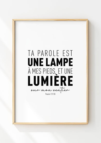 Affiche chrétienne tirée de la bible de psaume 119:105 dans un cadre en bois