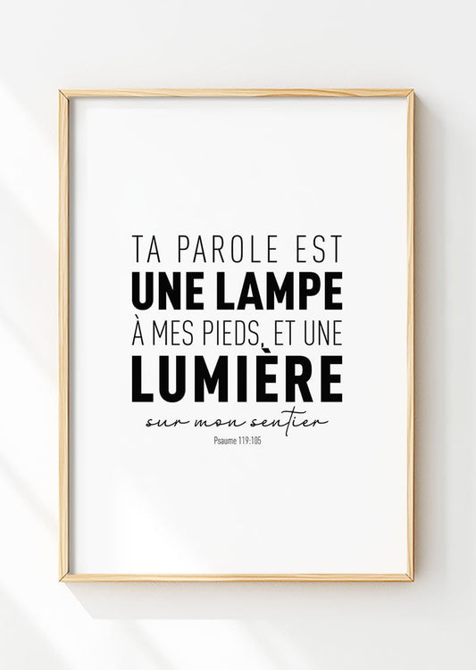 Affiche chrétienne tirée de la bible de psaume 119:105 dans un cadre en bois