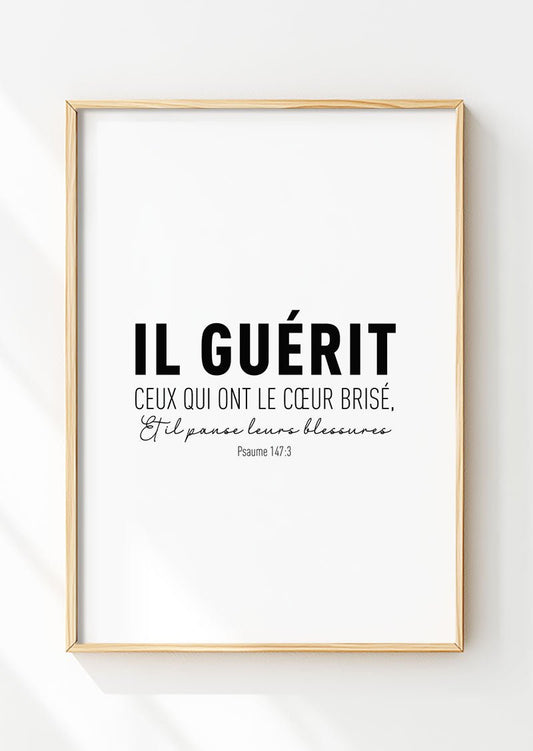 Affiche chrétienne du psaume 147:3 de la bible, dans un cadre