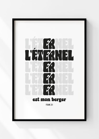 Affiche chrétienne du psaume 23:1 "l'éternel est mon berger" gris et noir dans un cadre