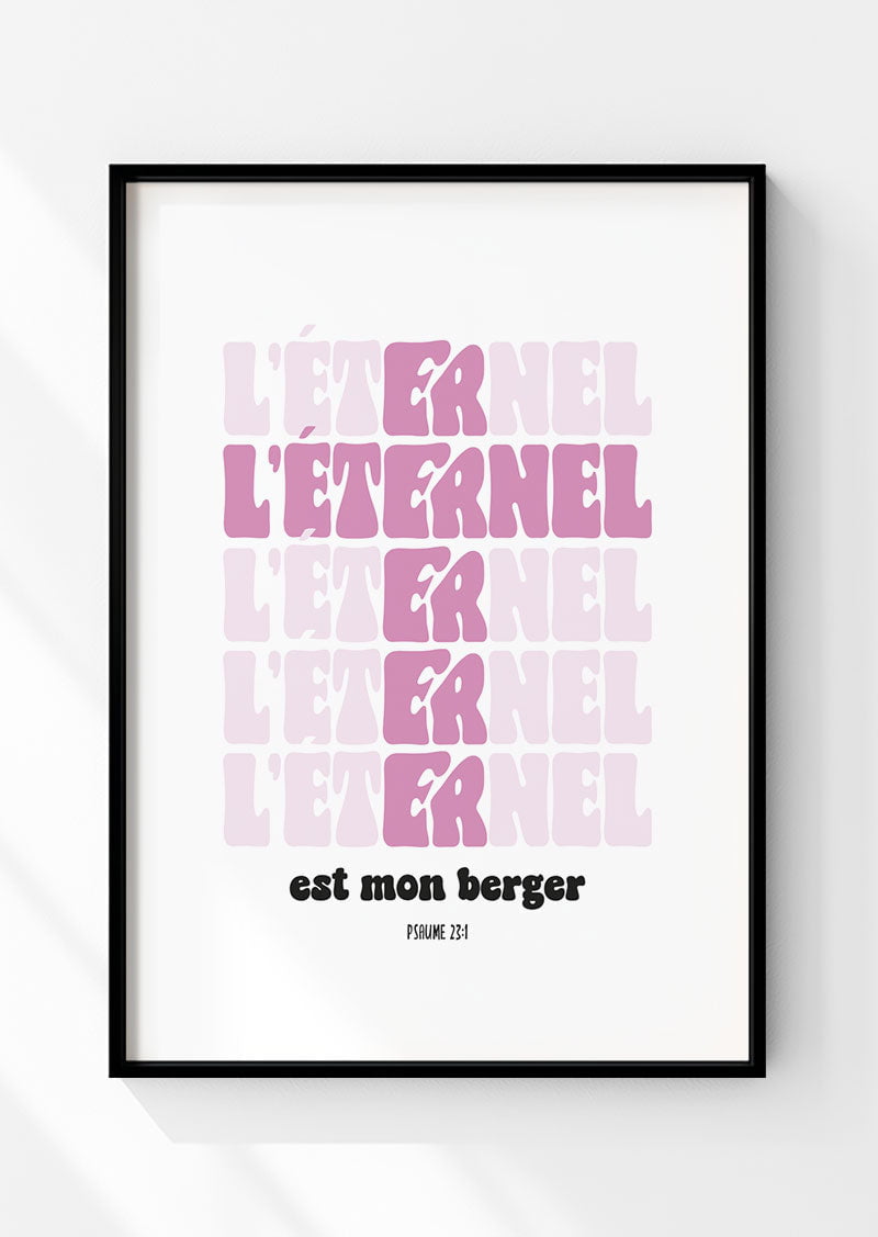 Affiche chrétienne psaume 23:1 en typographie rose dans un cadre noir