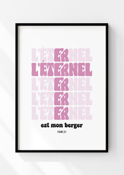 Affiche chrétienne psaume 23:1 en typographie rose dans un cadre noir