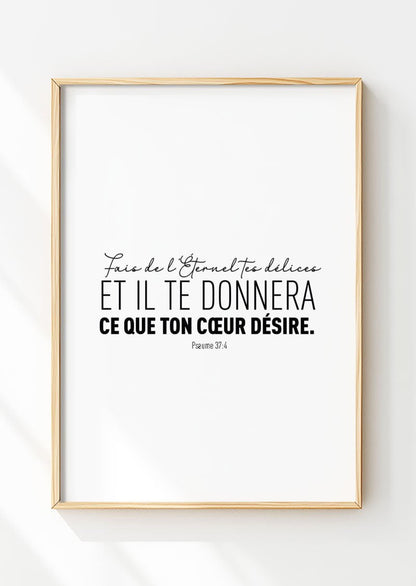 Poster chrétien coloris noir du psaume 37:4 de la bible dans un cadre en bois