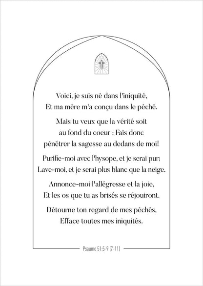 Affiche chrétienne du psaume 51:5-9 en typo noir sur fond blanc, dans une vo^te avec un médaillon