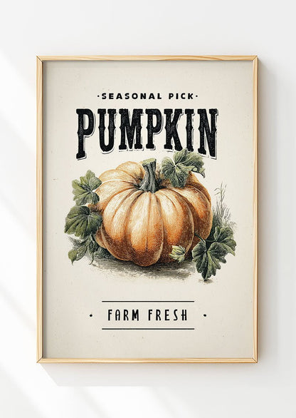 Affiche automne illustration d'une citrouille avec ses feuilles et texte en noir, dans un cadre