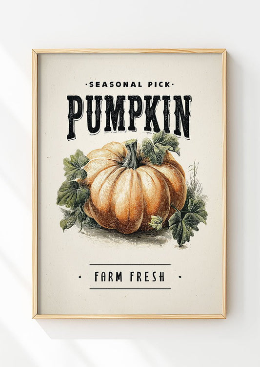 Affiche automne illustration d'une citrouille avec ses feuilles et texte en noir, dans un cadre