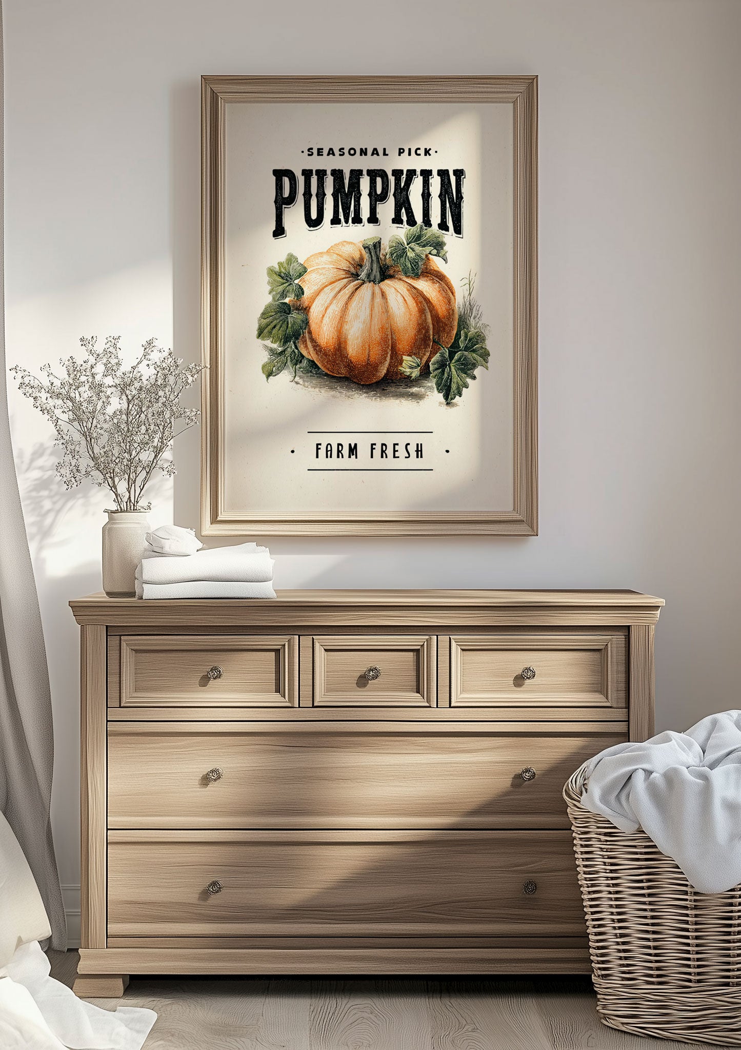 Affiche automne illustration d'une citrouille avec ses feuilles et texte en noir, sur un mur