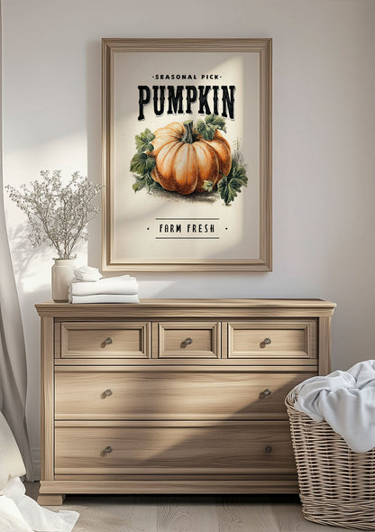 Affiche automne illustration d'une citrouille avec ses feuilles et texte en noir, sur un mur