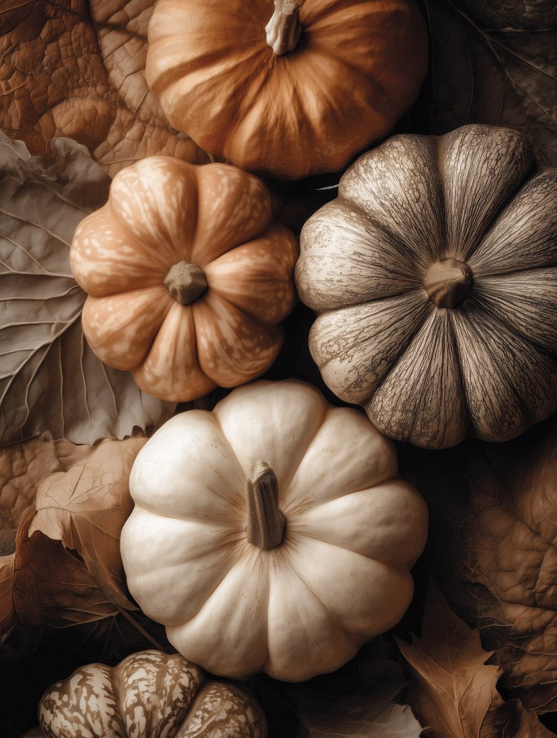 Format 30x40cm du poster photographie de plusieurs citrouilles et de feuilles séchées