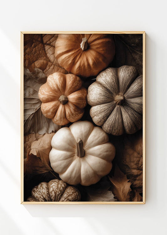Affiche automne d'une photographie de citrouilles encadrée dans un cadre en bois