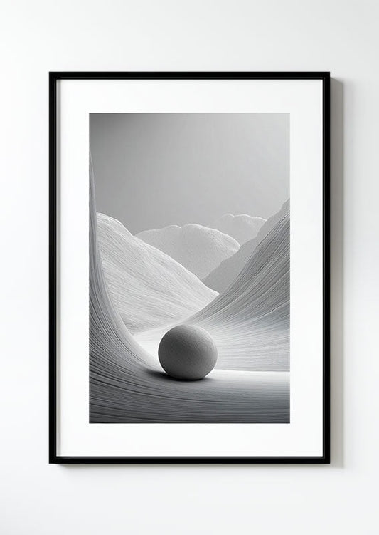 affiche photographie noir et blanc d'un paysage abstrait avec sphère dans un cadre noir