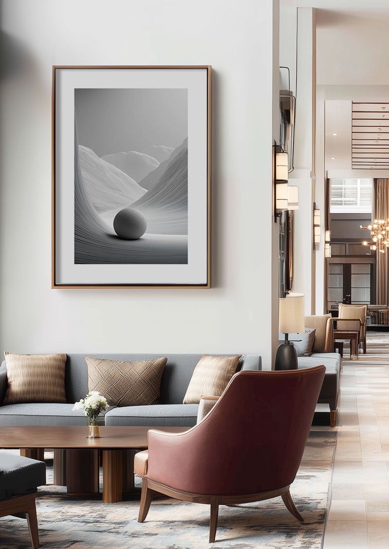 poster déco noir et blanc du paysage abstrait et sphère mis en valeur dans un hall d'hotel