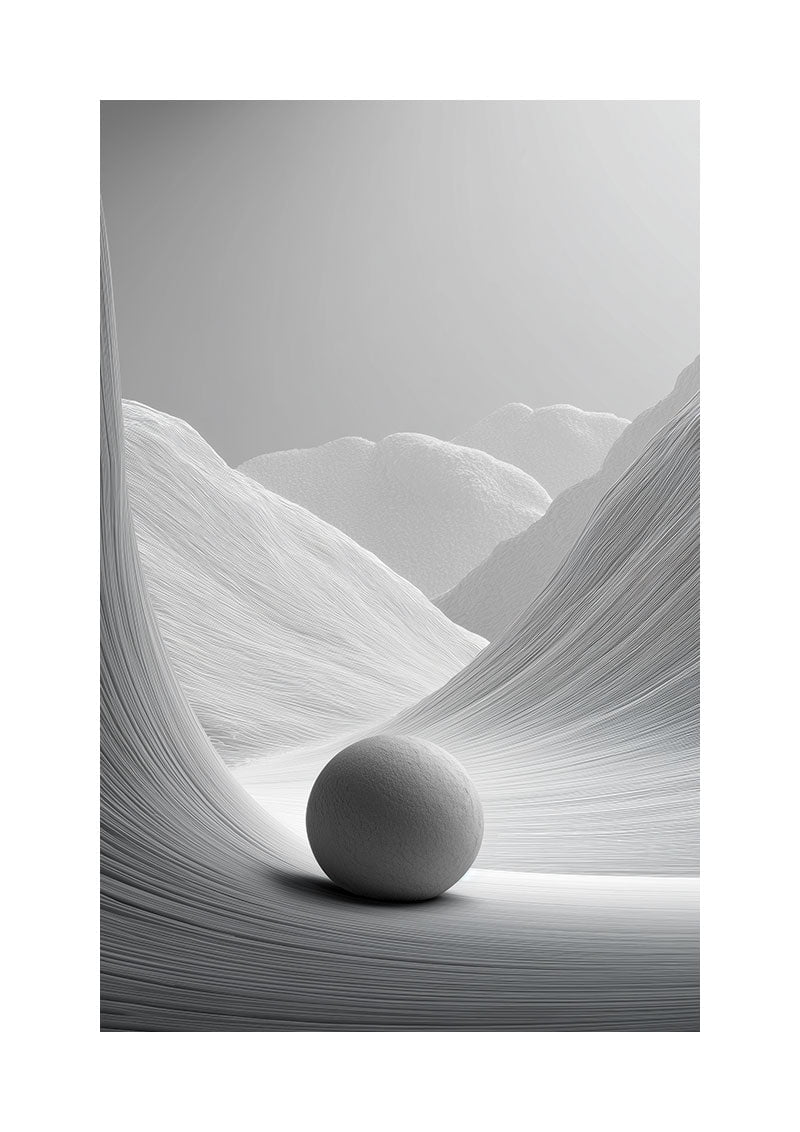 affiche photographie noir et blanc d'un paysage abstrait avec sphère et bordure blanche