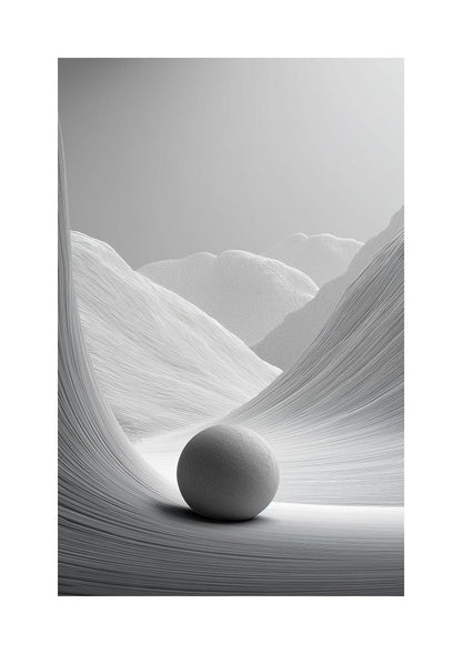 affiche photographie noir et blanc d'un paysage abstrait avec sphère et bordure blanche