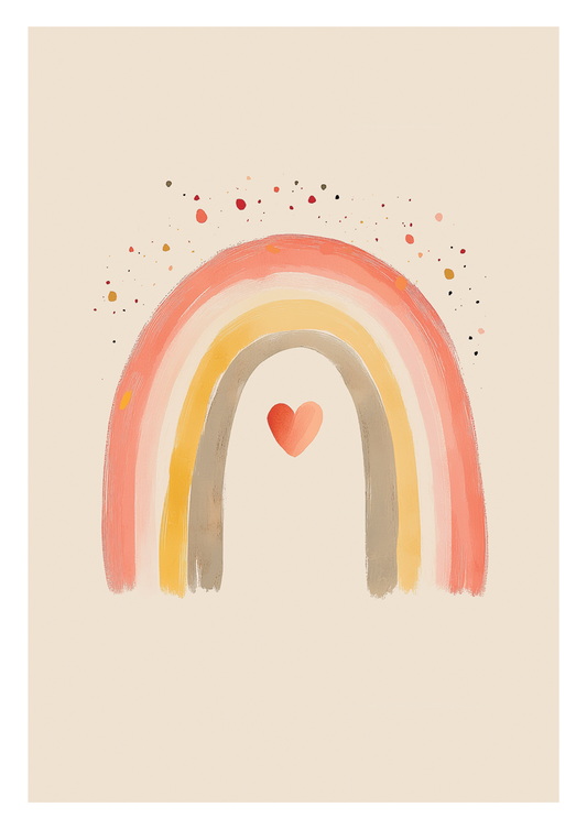 Affiche chambre enfant arc en ciel pastel rouge jaune et beige avec un petit cœur rouge.