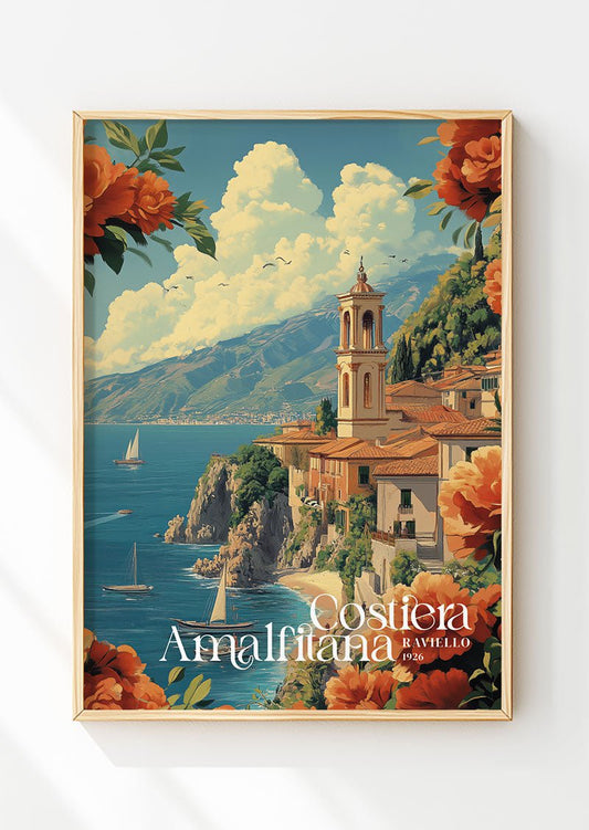 Poster ville vintage illustré de la côte amalfi avec titre dans un cadre en bois
