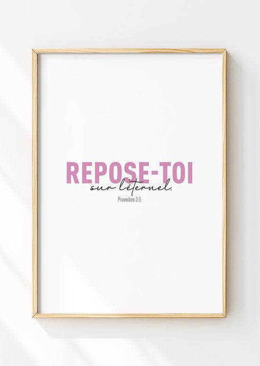 Affiche chrétienne tiré du proverbes 3:5, en rose et noir dans un cadre en bois