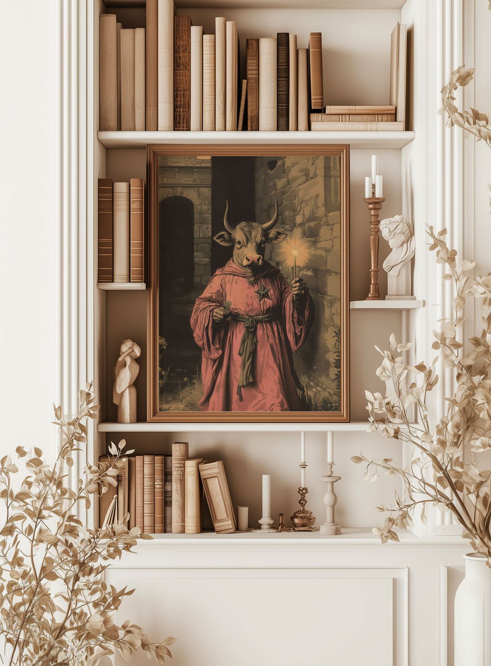 Affiche du Rituel d'Aurochs, encadrés sur une étagère dans une décoration cabinet de curiosités
