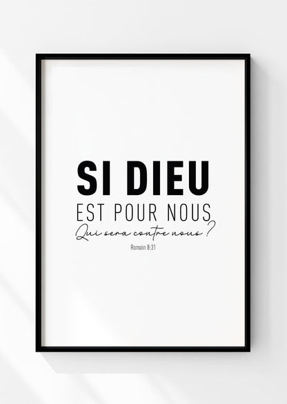 Affiche chrétienne du verset de la bible Romains 8:31 dans un cadre noir
