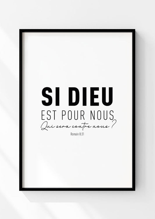 Affiche chrétienne du verset de la bible Romains 8:31 dans un cadre noir