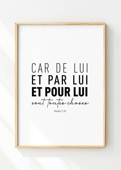 Affiche chrétienne du verset de la bible romains 11:36 mis en valeur dans un cadre