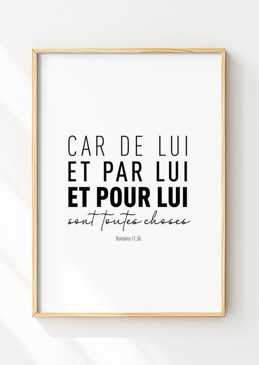 Affiche chrétienne du verset de la bible romains 11:36 mis en valeur dans un cadre