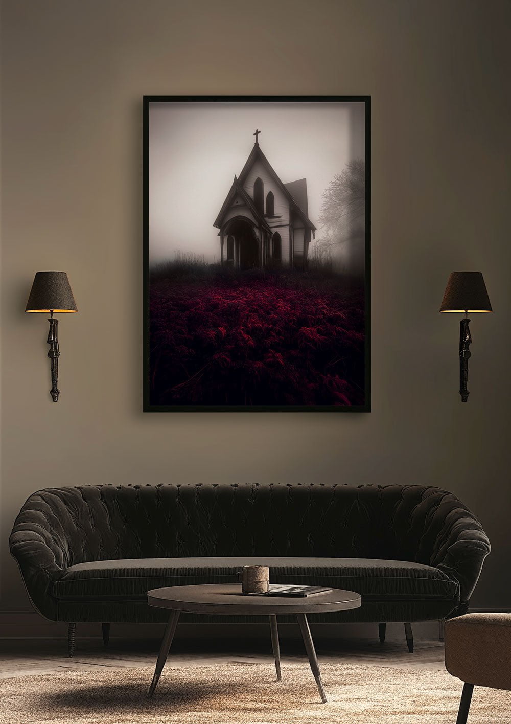 Affiche d'une photo de chapelle abandonnée, encadrée dans une décoration cabinet de curiosités