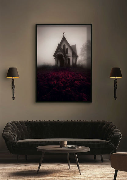 Affiche d'une photo de chapelle abandonnée, encadrée dans une décoration cabinet de curiosités