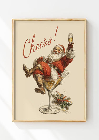 Affiche de noel du père noel dans un verre de martini avec le texte "cheers" dans un cadre