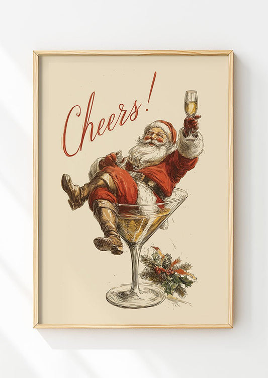 Affiche de noel du père noel dans un verre de martini avec le texte "cheers" dans un cadre