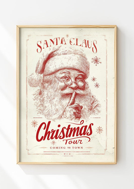 Affiche de noel illustration rétro du pere noel en rouge sur fond beige, dans un cadre en bois