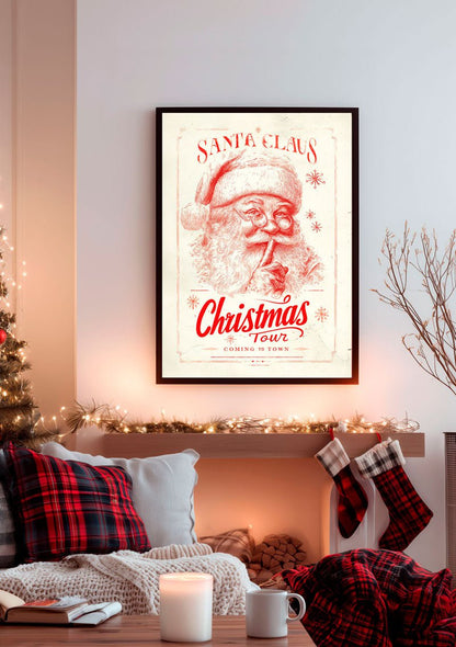 Mise en situation dans un salon décorée de l'affiche de noel du père noel dans un style gravure rétro