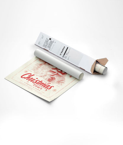 Poster noel du père noel rétro avec typographie "christmas tour" emballée dans un carton