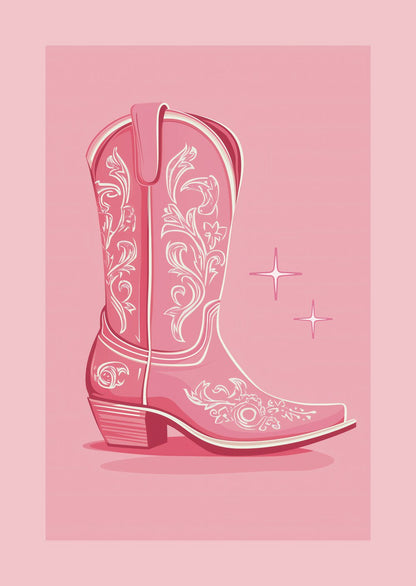 Botte de cowboy rose et blanche, sur fond rose. Affiche vintage pop.