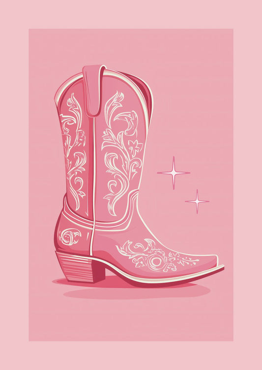 Botte de cowboy rose et blanche, sur fond rose. Affiche vintage pop.