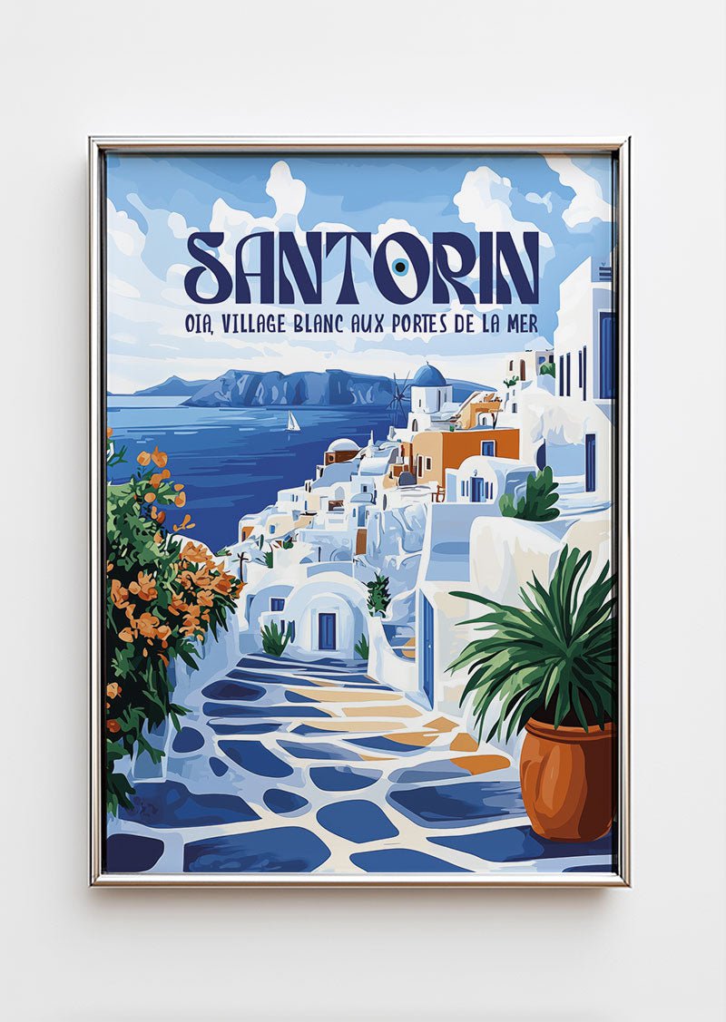 Poster ville d'une illustration représentant  le village de santorin dans un cadre Chrome