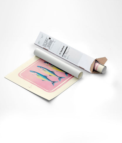 Affiche mer été sardines fond rose emballée dans un carton triangulaire