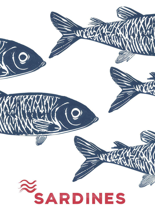 Affiche mer sardines bleues stylisées avec typo rouge en bas de l'affiche