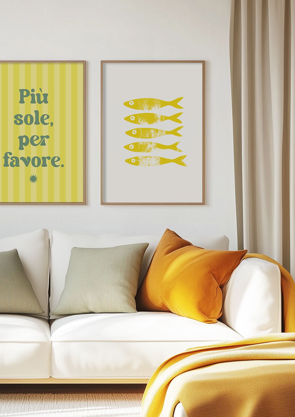 Deux poster illustrés jaune typo et poisson minimaliste encadrés dans un salon