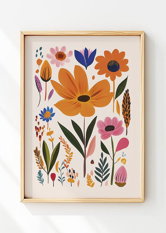 Affiche folk art dans un cadre bois d'une illustration de fleurs sauvages et colorées sur fond crème