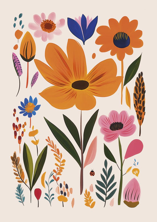 Affiche folk art d'une illustration de fleurs sauvages et colorées sur fond crème