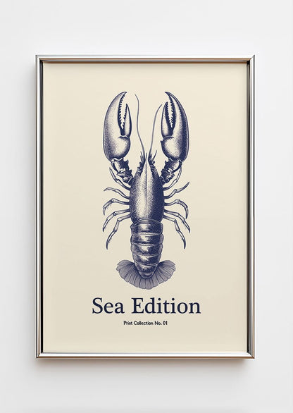 Poster mer en gravure détaillée d'un homard en gravure bleu, dans un cadre chrome