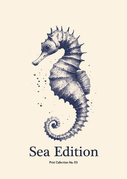 Affiche mer en gravure représentant un hippocampe stylisé bleu sur fond crème