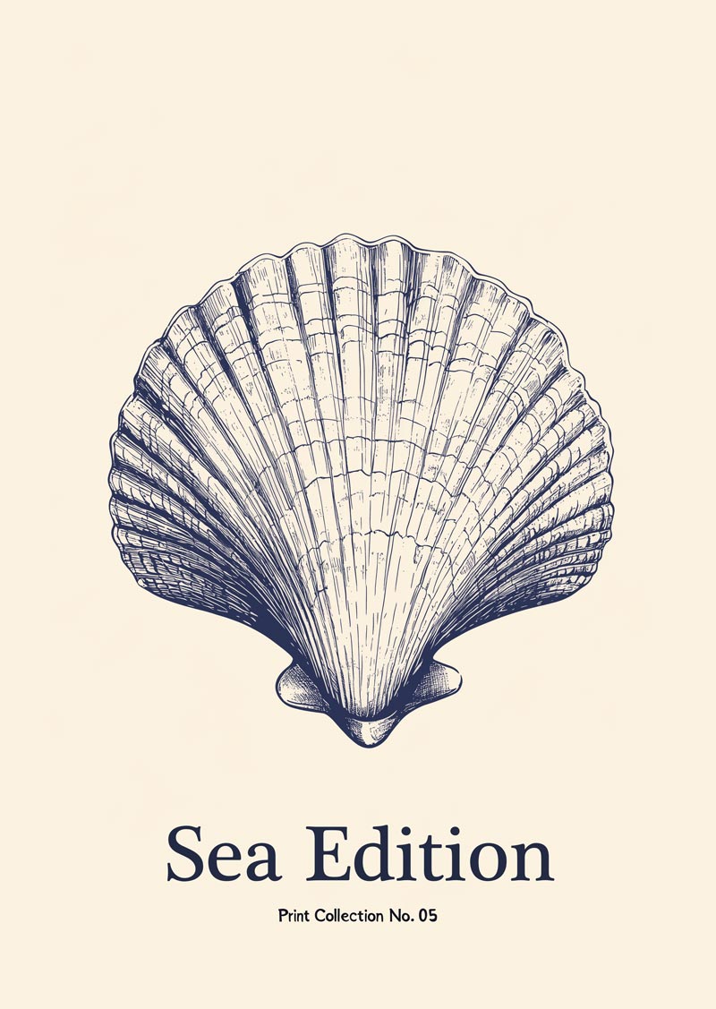 Affiche mer représentant une coquille saint jacques dans un style de gravure, en bleu sur fond crème